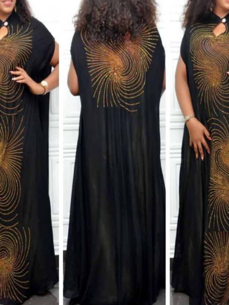 Vestido Feminino De Manga Curta Diamante Até O Chão Para Festa Geométrica