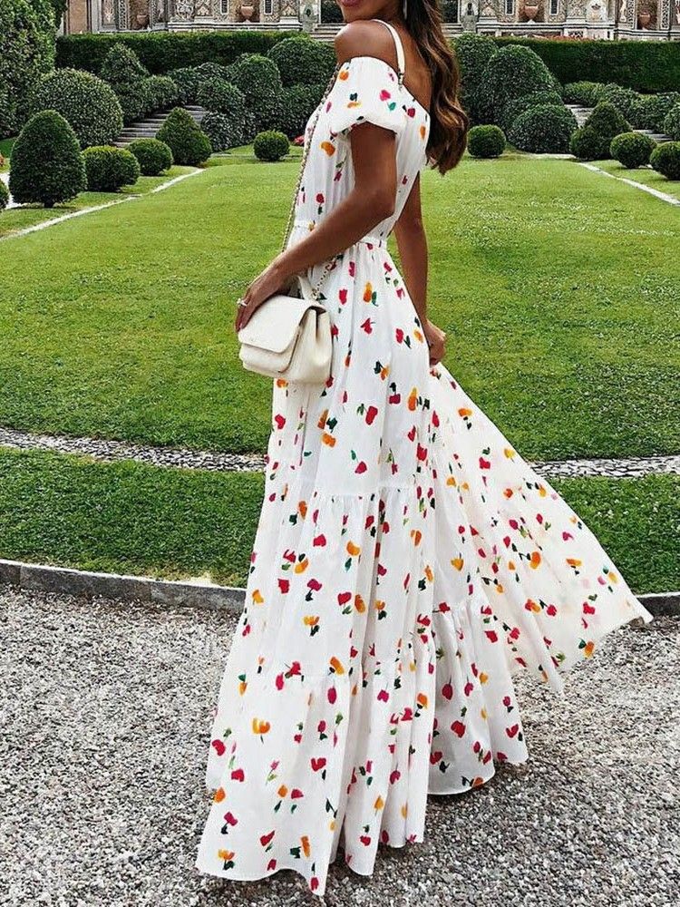 Vestido Feminino De Manga Curta Estampado Até O Chão De Cintura Alta