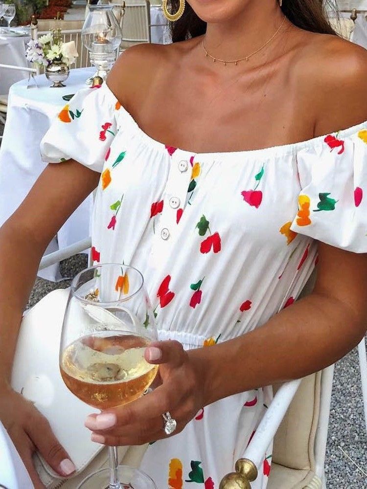 Vestido Feminino De Manga Curta Estampado Até O Chão De Cintura Alta