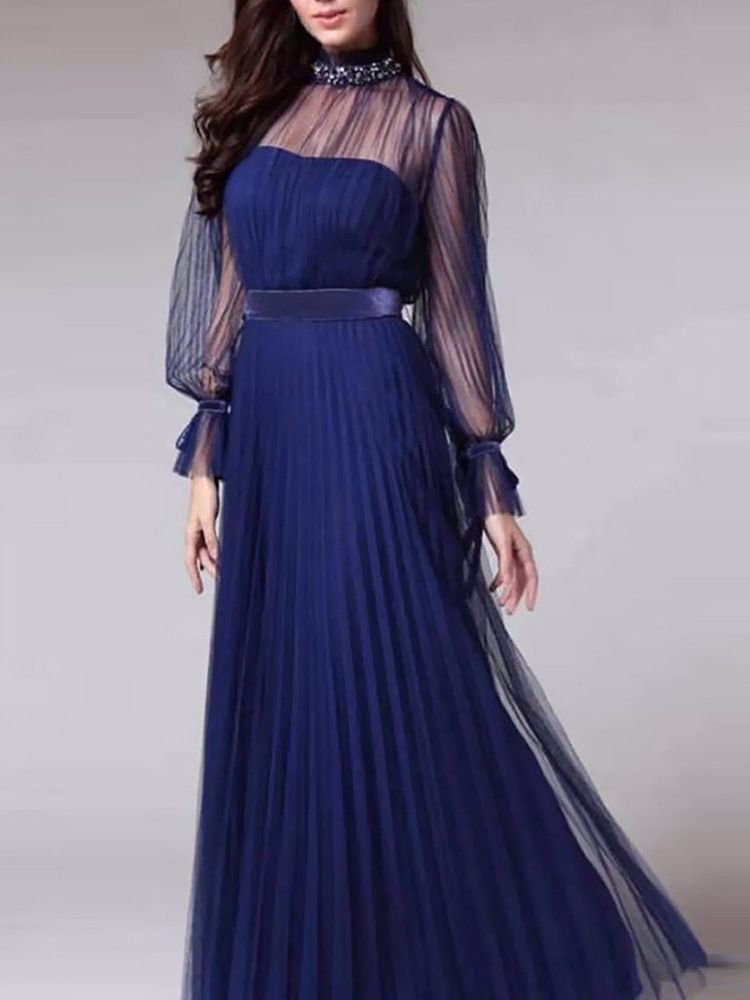 Vestido Feminino De Manga Longa Patchwork Até O Chão Para Todas As Estações
