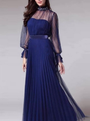 Vestido Feminino De Manga Longa Patchwork Até O Chão Para Todas As Estações