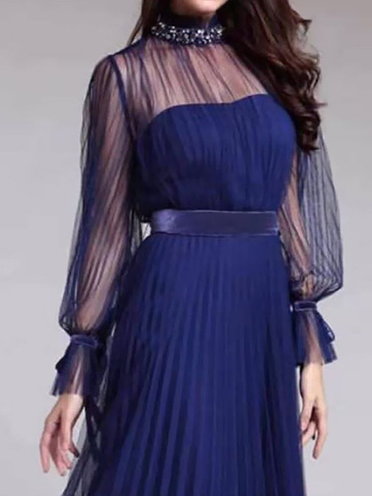 Vestido Feminino De Manga Longa Patchwork Até O Chão Para Todas As Estações