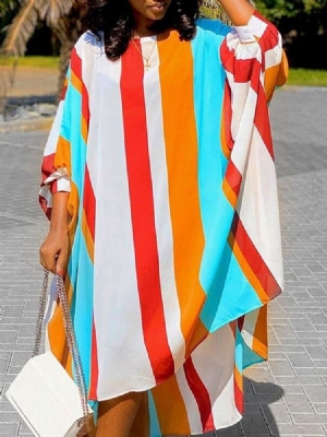 Vestido Feminino De Manga Redonda Com Gola Redonda Até O Tornozelo Casual Listrado