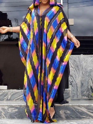 Vestido Feminino De Manga Três Quartos Com Capuz Até O Chão De Cintura Alta Com Visual De Viagem
