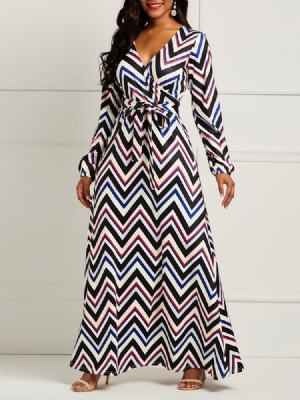 Vestido Feminino De Mangas Compridas Cor Block Stripe