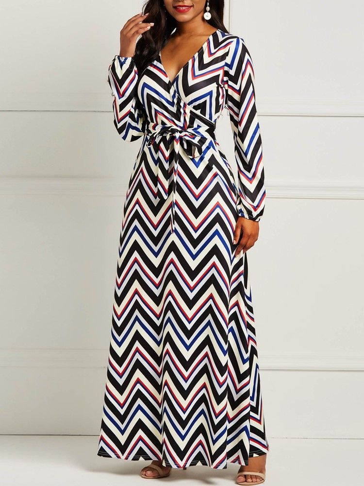 Vestido Feminino De Mangas Compridas Cor Block Stripe
