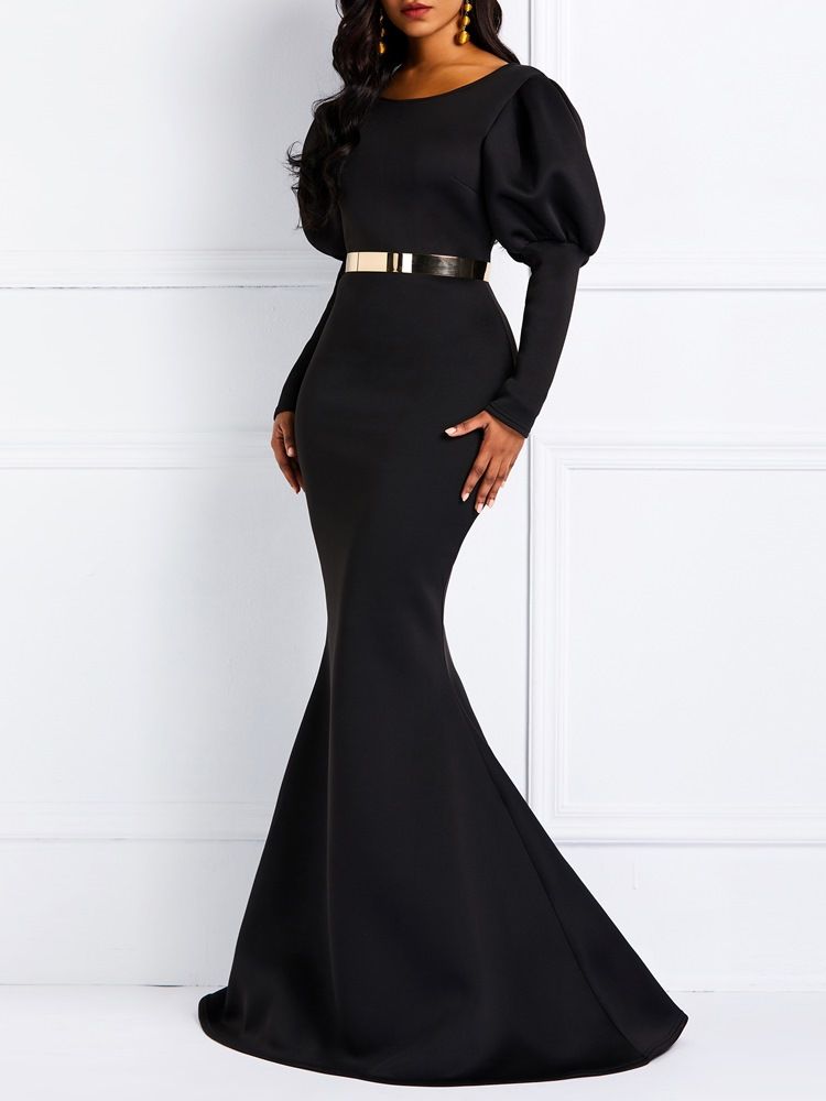 Vestido Feminino De Mangas Compridas Gigot Sereia Preto Maxi (sem Cintura)