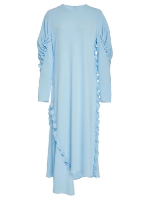 Vestido Feminino De Mangas Compridas Pregueadas Assimétrico Com Babados Maxi