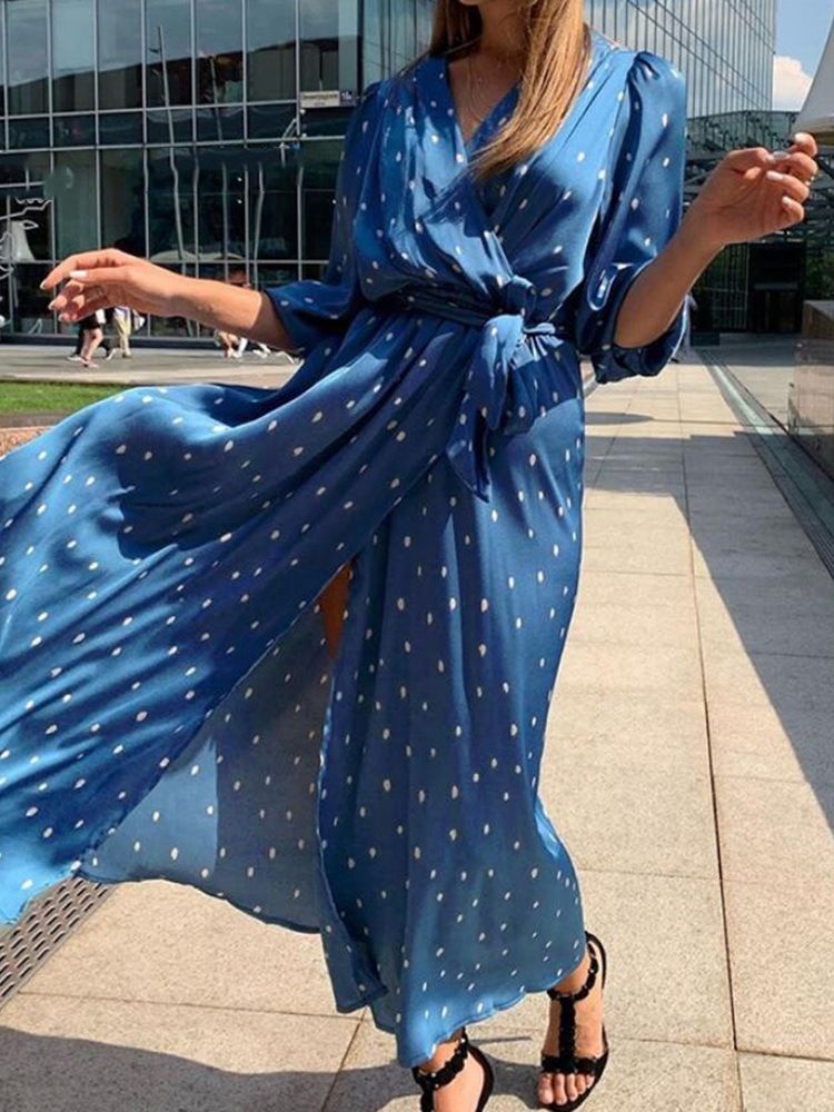 Vestido Feminino Na Altura Do Tornozelo Com Decote Em V Manga Três Quartos Outono
