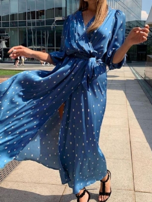 Vestido Feminino Na Altura Do Tornozelo Com Decote Em V Manga Três Quartos Outono