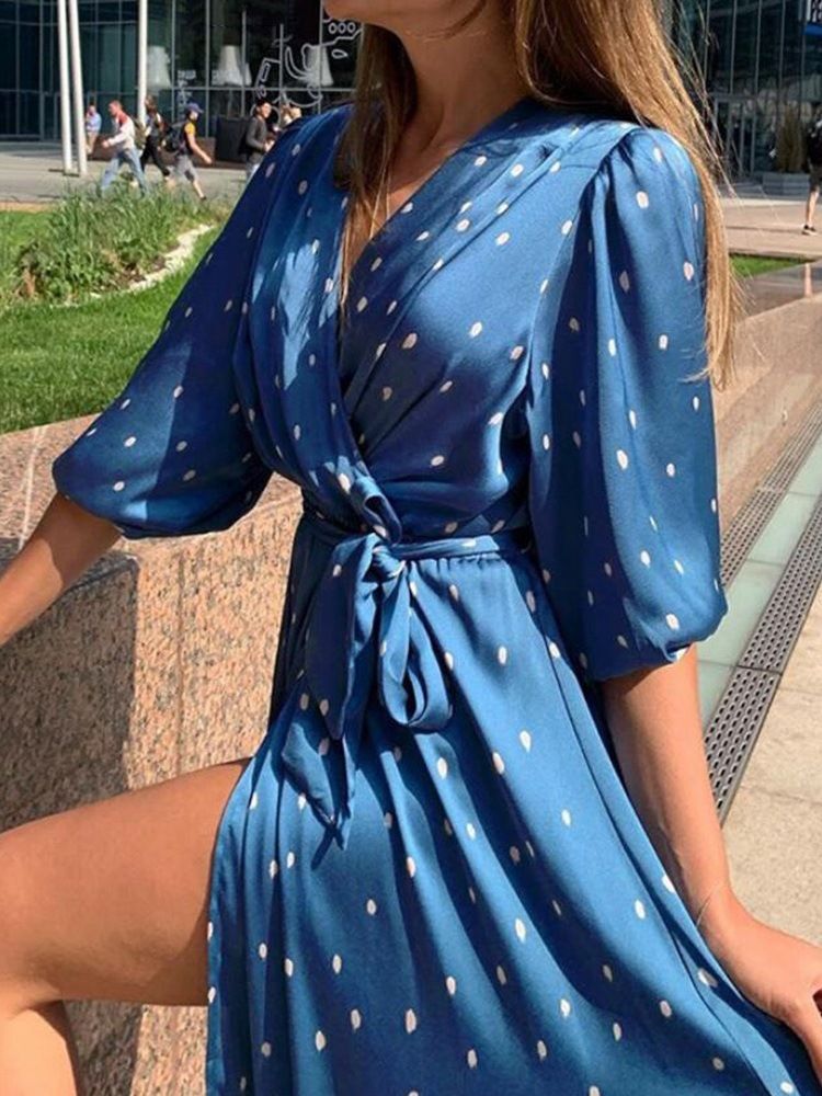 Vestido Feminino Na Altura Do Tornozelo Com Decote Em V Manga Três Quartos Outono