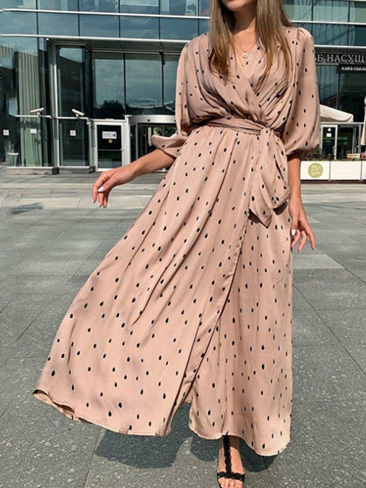 Vestido Feminino Na Altura Do Tornozelo Com Decote Em V Manga Três Quartos Outono