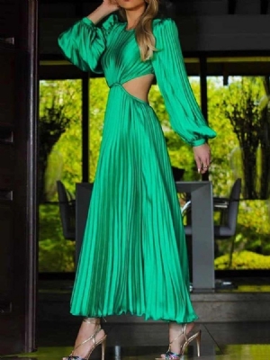 Vestido Feminino Oco Em Volta Do Pescoço Na Altura Do Tornozelo Vestido Maxi Plissado Fashion