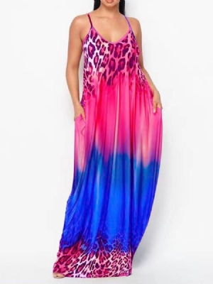 Vestido Feminino Patchwork Sem Mangas Até O Chão Com Alça Espaguete Em Botão