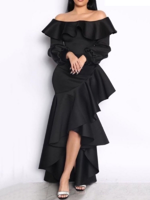 Vestido Feminino Plissado Até O Chão Ombro Frio Cintura Média