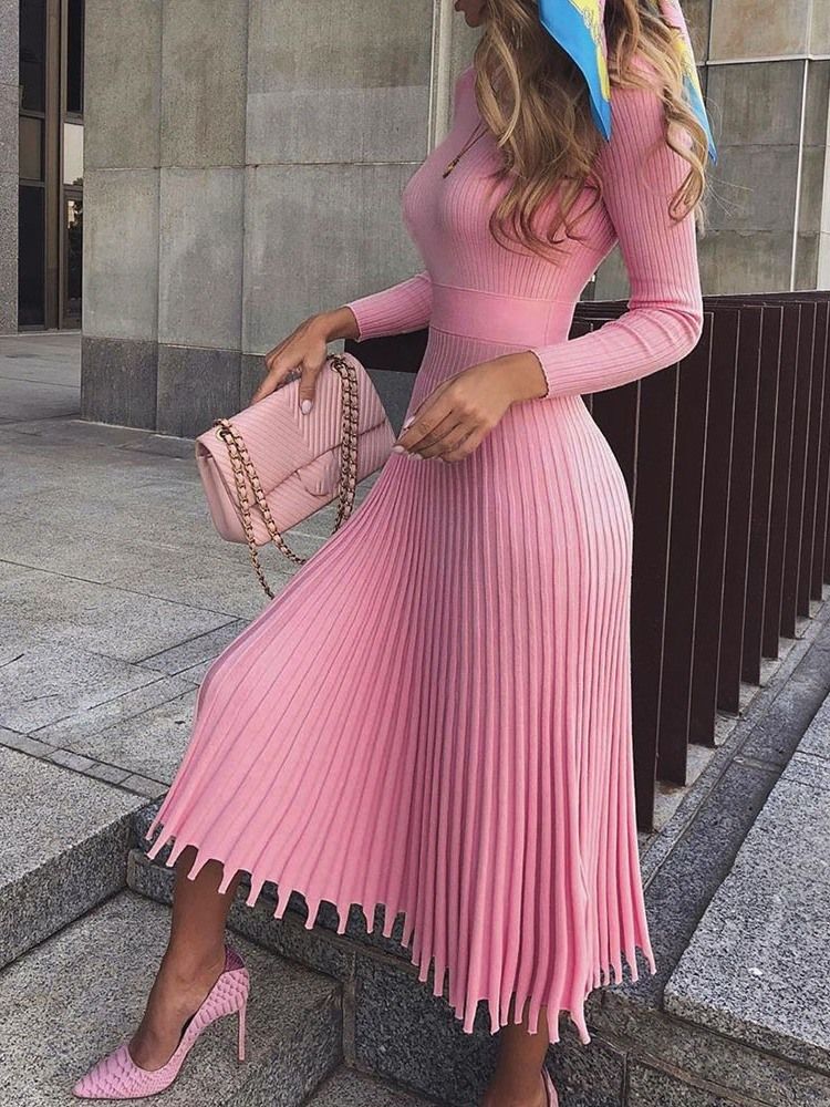Vestido Feminino Plissado De Meia Canela De Nove Pontos Com Pulôver De Cintura Padrão