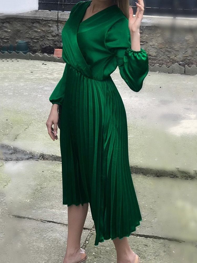 Vestido Feminino De Pulôver De Outono Pregueado Com Gola Em V