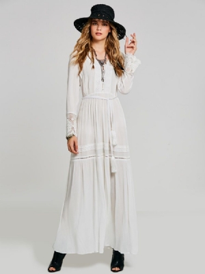 Vestido Feminino De Renda Com Decote Em V Manga Comprida Manga Comprida Liso