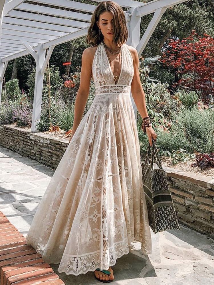 Vestido Feminino De Renda Com Decote Em V Simples E Sexy Até O Tornozelo