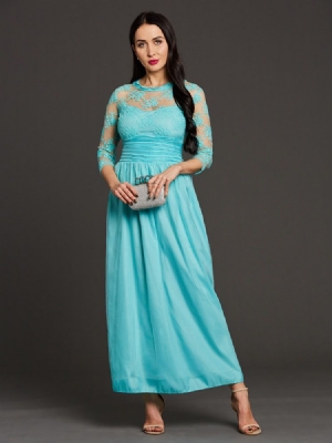 Vestido Feminino De Renda Em Patchwork Plissado Até O Chão