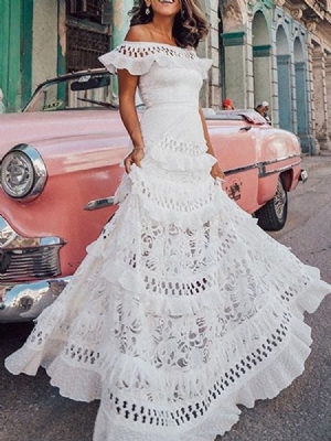 Vestido Feminino De Renda Sem Ombros Até O Chão Liso Expansível