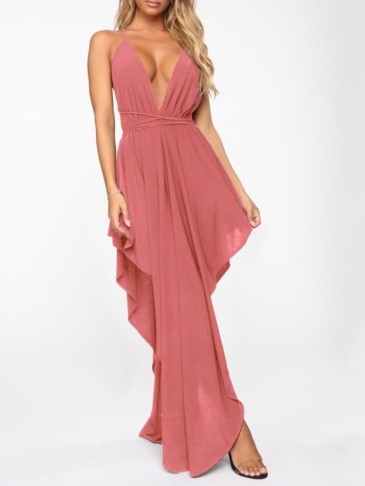 Vestido Feminino Sem Mangas Assimétrico Até O Chão Liso