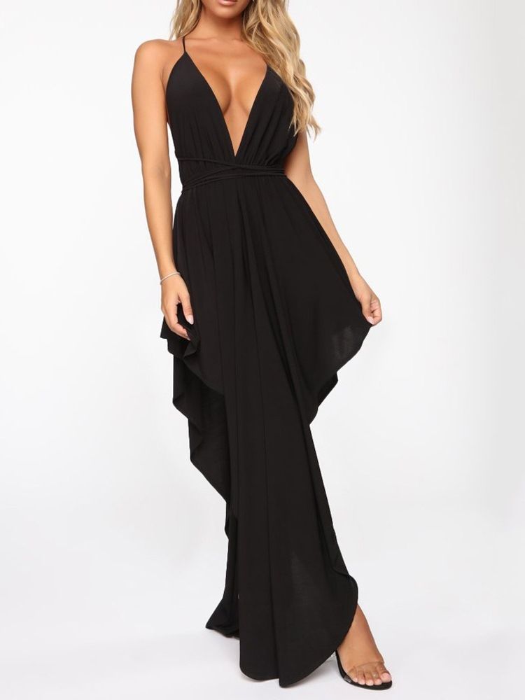 Vestido Feminino Sem Mangas Assimétrico Até O Chão Liso