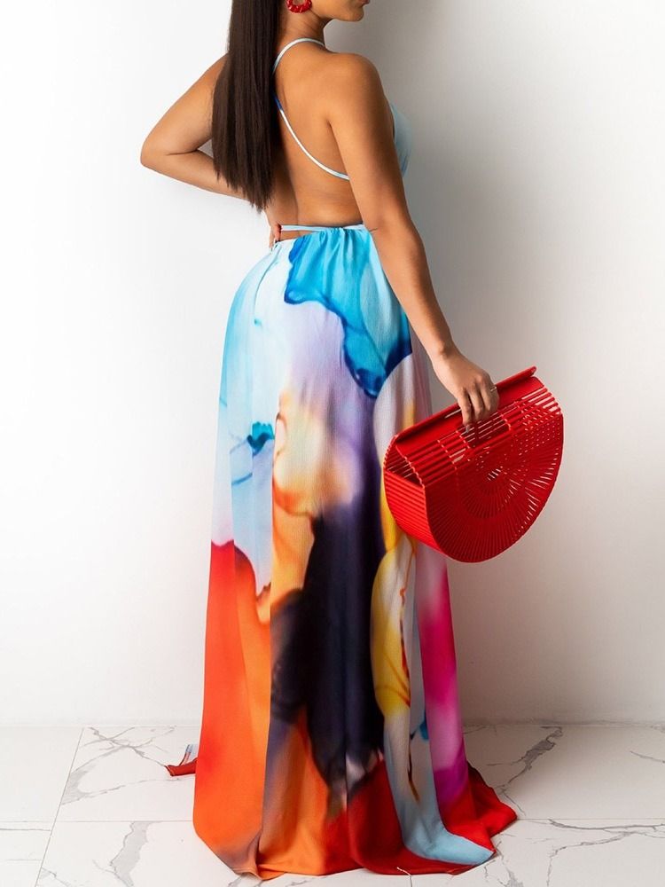 Vestido Feminino Sem Mangas Sem Encosto Cor Até O Chão Em Bloco Maxi