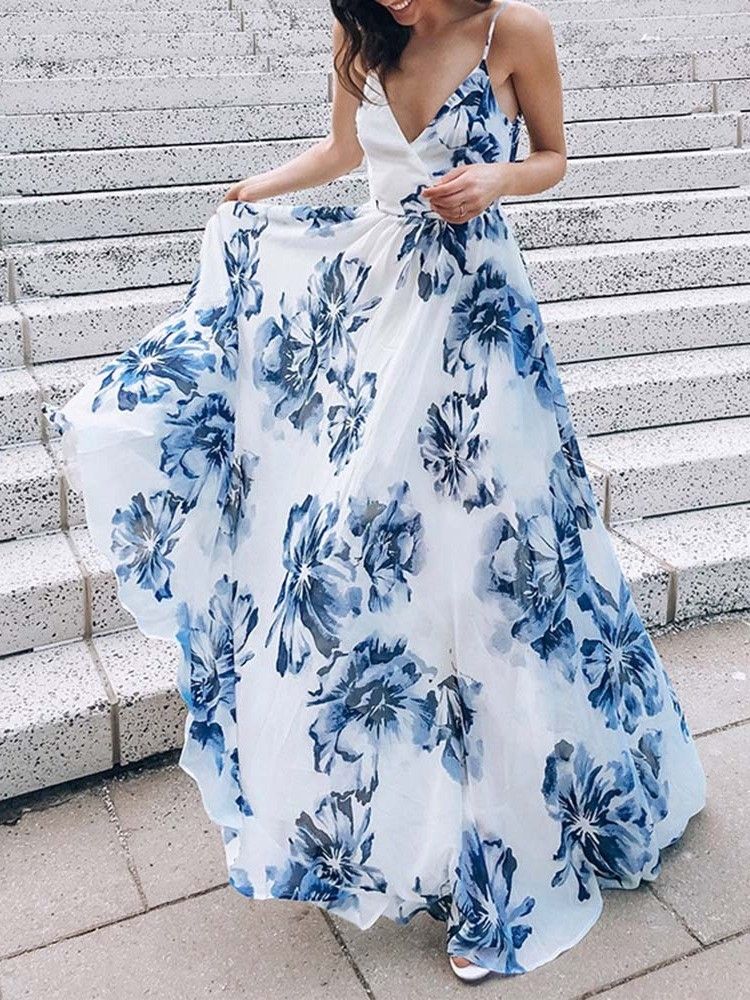 Vestido Feminino Sem Mangas Estampado Até O Chão Com Cintura Alta