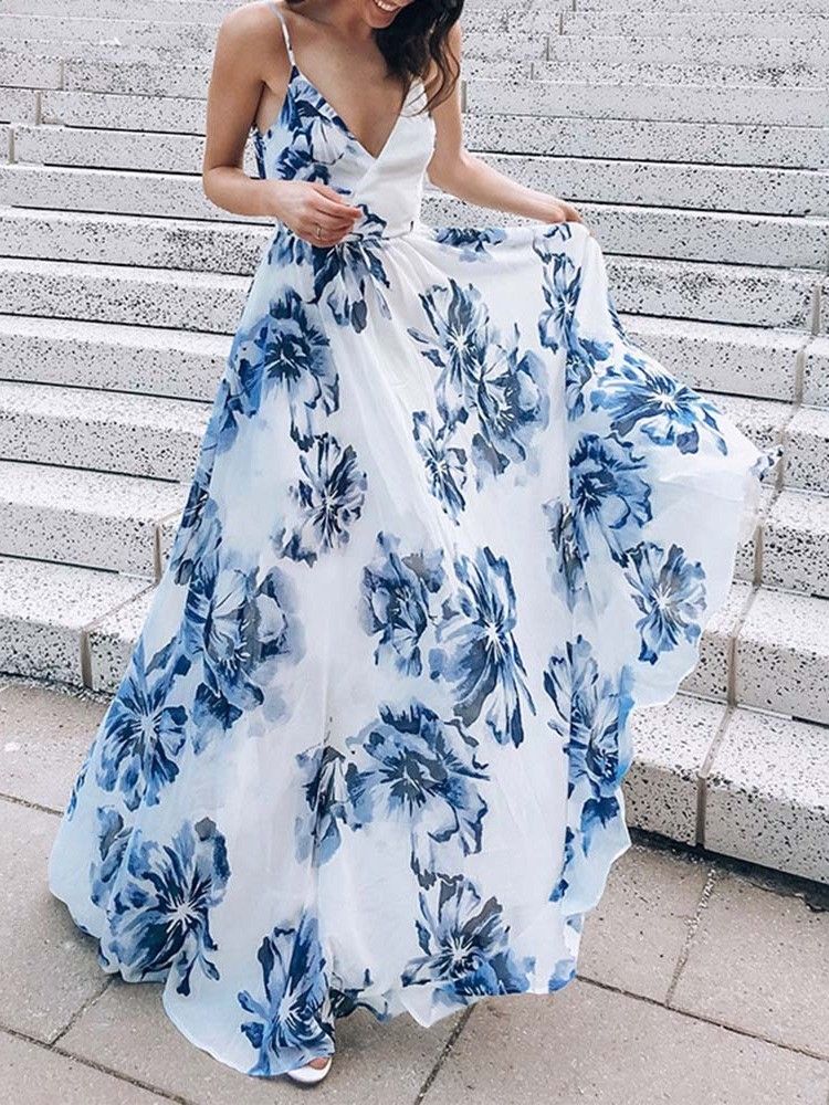 Vestido Feminino Sem Mangas Estampado Até O Chão Com Cintura Alta