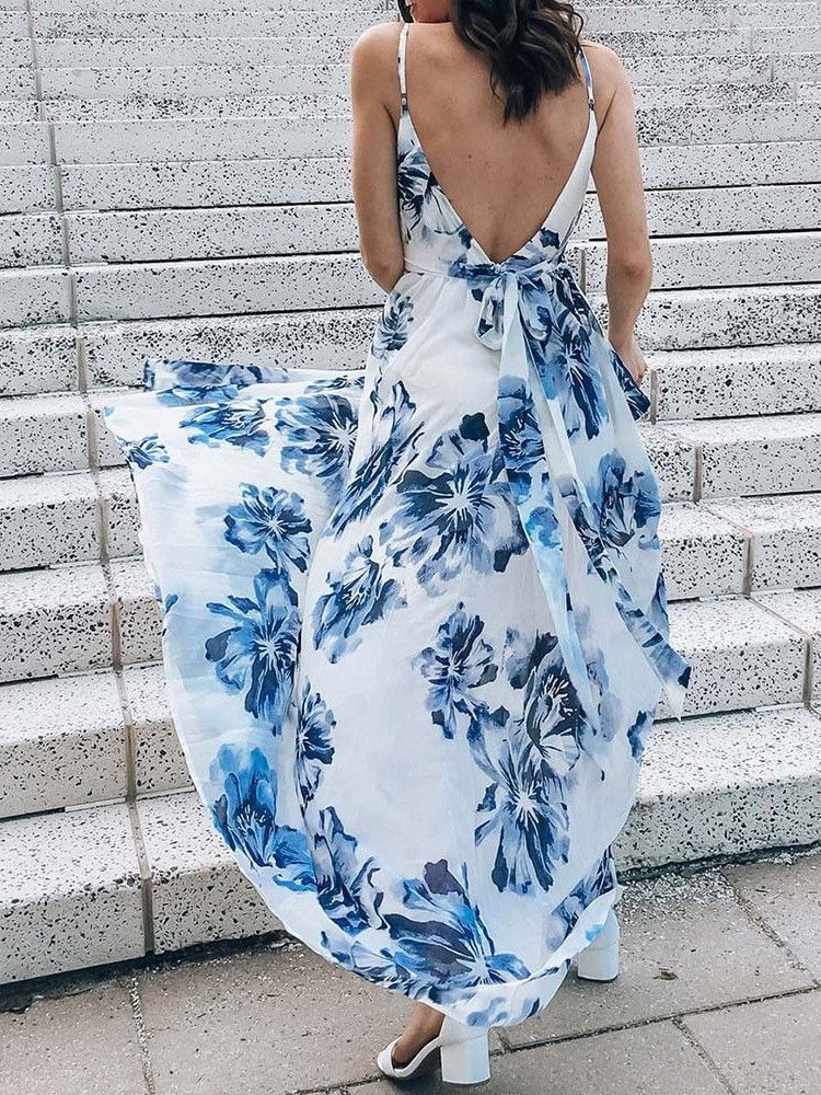 Vestido Feminino Sem Mangas Estampado Até O Chão Com Cintura Alta