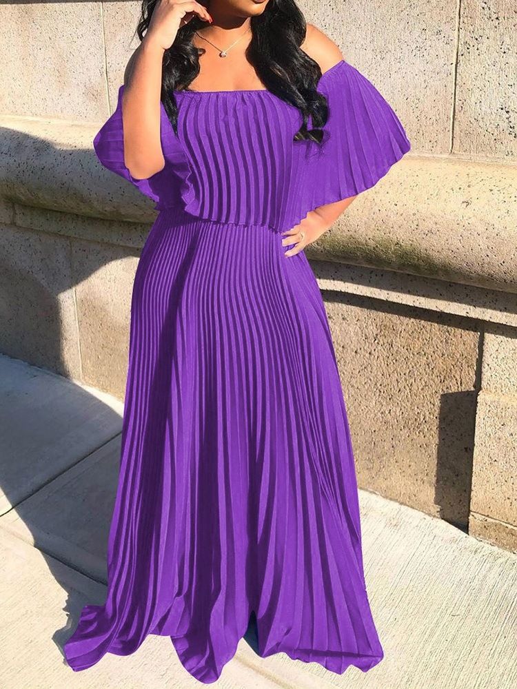 Vestido Feminino Sem Ombros Plissado Azul Liso Até O Chão