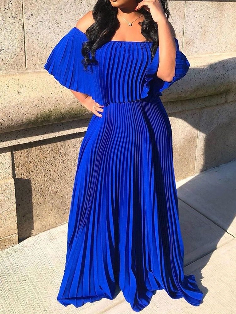 Vestido Feminino Sem Ombros Plissado Azul Liso Até O Chão