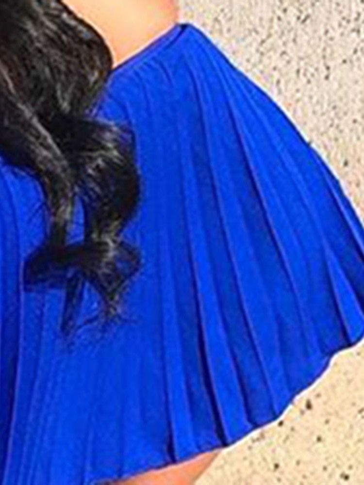 Vestido Feminino Sem Ombros Plissado Azul Liso Até O Chão