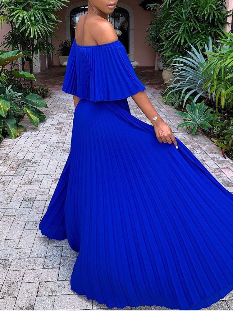 Vestido Feminino Sem Ombros Plissado Azul Liso Até O Chão