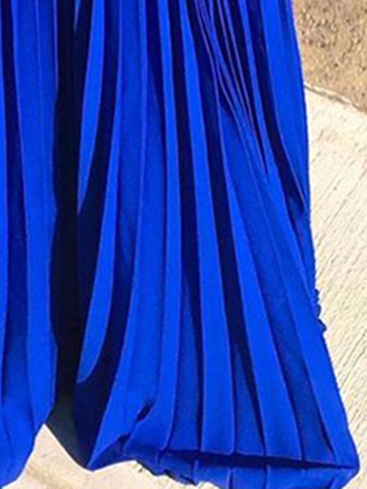 Vestido Feminino Sem Ombros Plissado Azul Liso Até O Chão