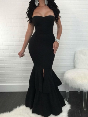 Vestido Feminino Sereia Com Babado Liso Até O Chão