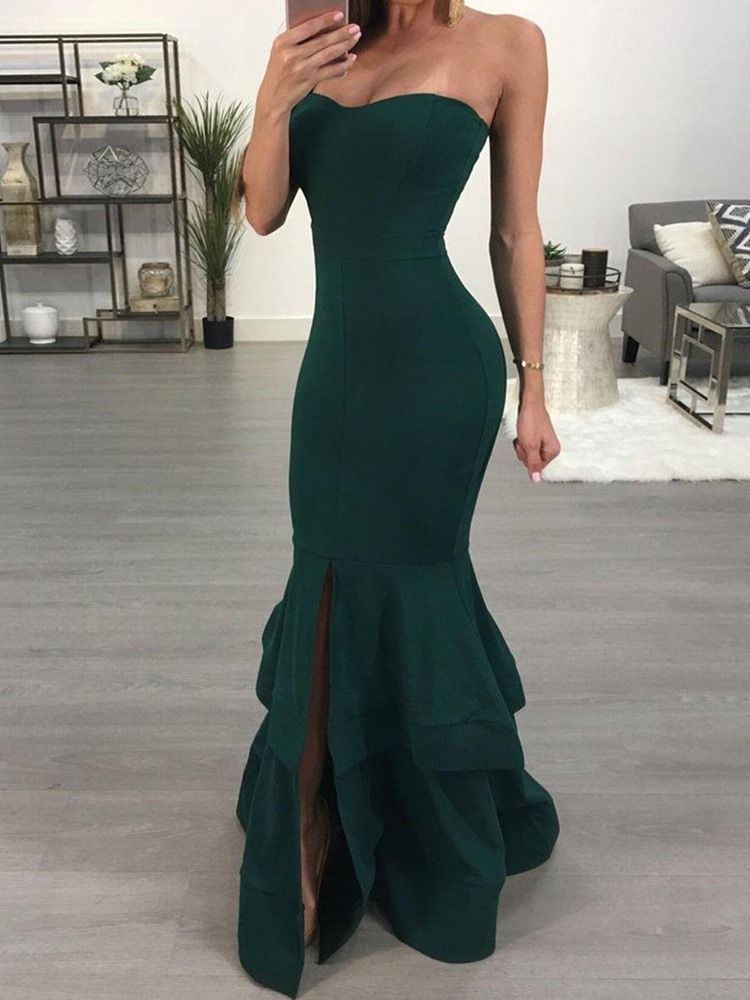 Vestido Feminino Sereia Com Babado Liso Até O Chão