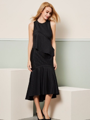 Vestido Feminino Sereia Meia Panturrilha Com Babado E Listra