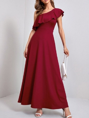 Vestido Feminino Simétrico De Manga Curta Até O Chão Liso Outono