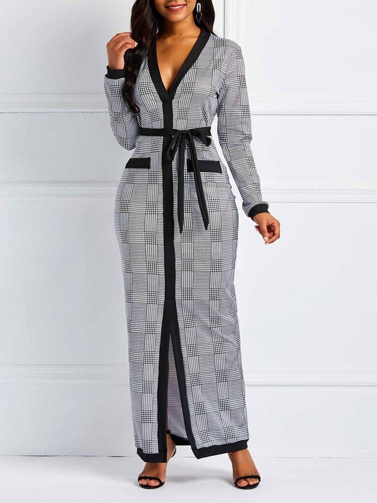 Vestido Feminino Xadrez De Manga Comprida Até O Chão