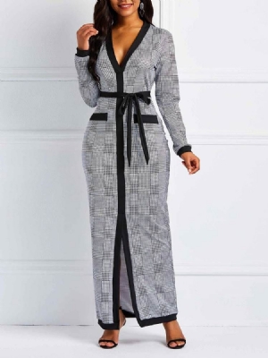 Vestido Feminino Xadrez De Manga Comprida Até O Chão