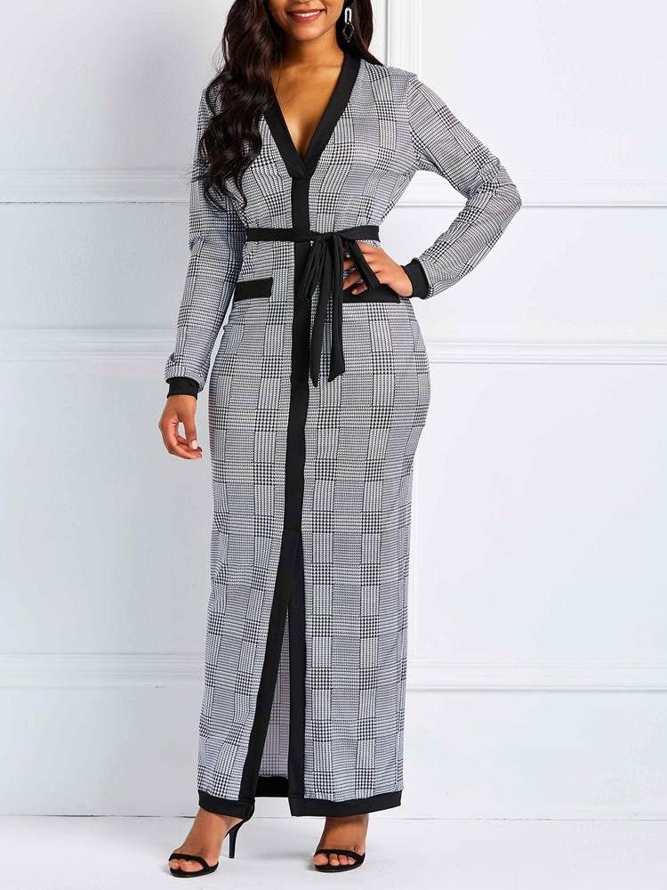 Vestido Feminino Xadrez De Manga Comprida Até O Chão