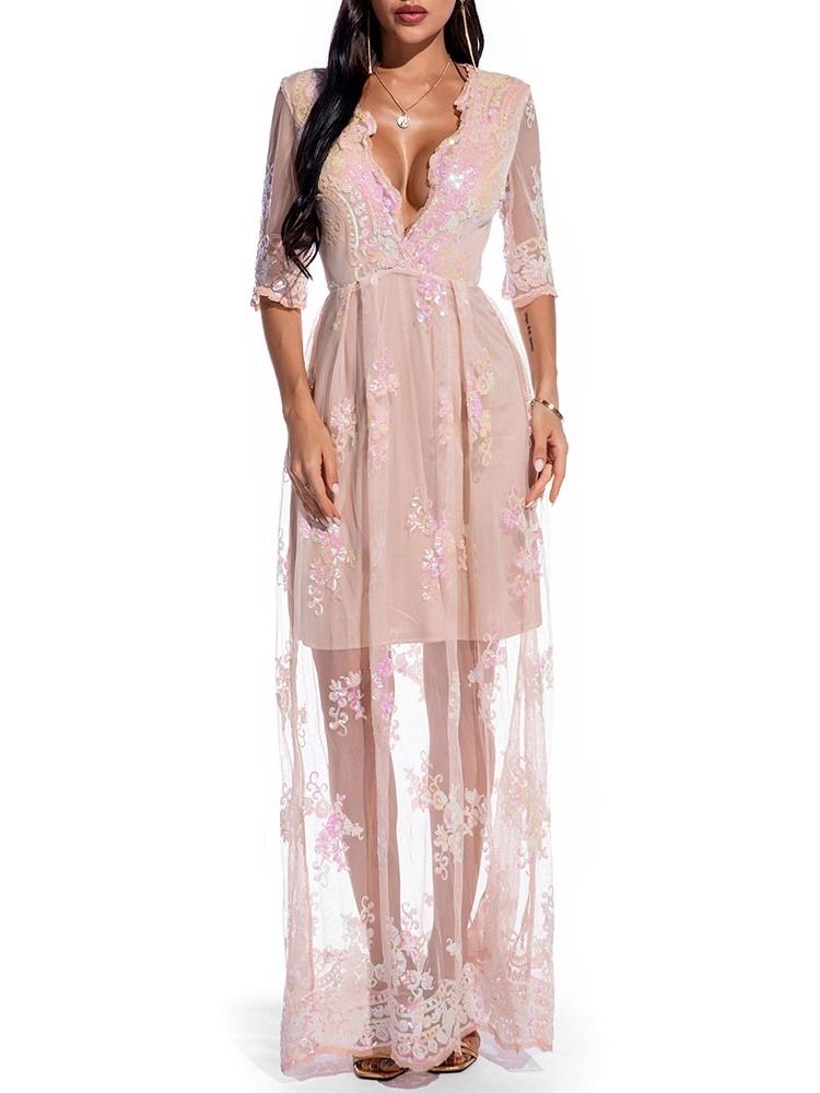 Vestido Floral Feminino Até O Chão Com Bordado De Manga Três Quartos