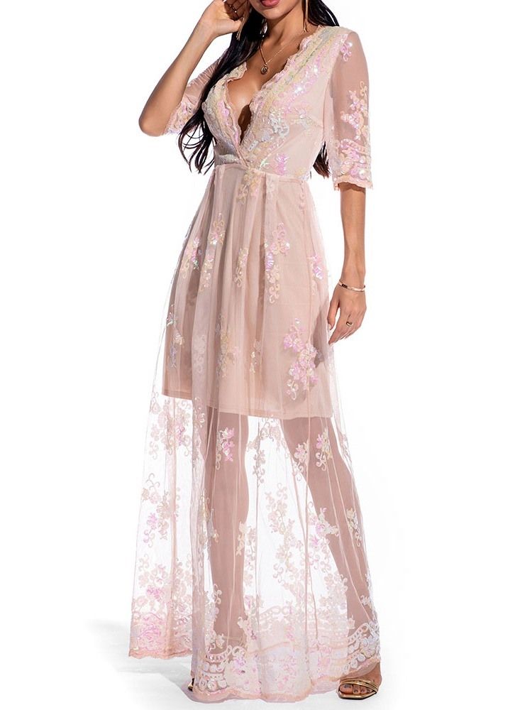 Vestido Floral Feminino Até O Chão Com Bordado De Manga Três Quartos