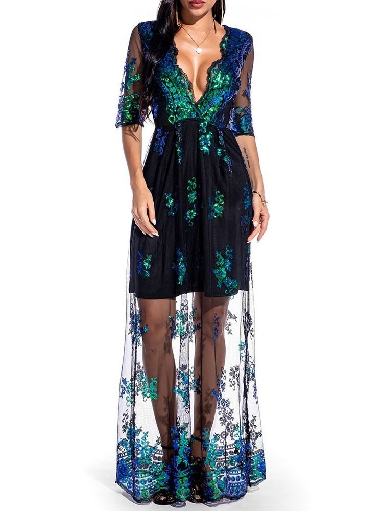 Vestido Floral Feminino Até O Chão Com Bordado De Manga Três Quartos
