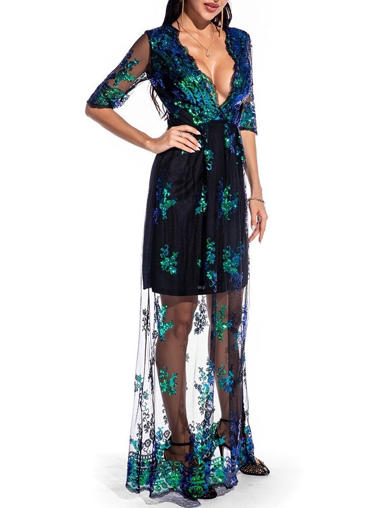 Vestido Floral Feminino Até O Chão Com Bordado De Manga Três Quartos