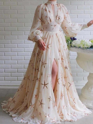 Vestido De Gola Com Divisão De Manga Comprida Em Expansão Feminina