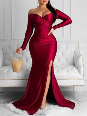 Vestido De Inverno Feminino Com Decote Em V Manga Comprida Dividida Liso