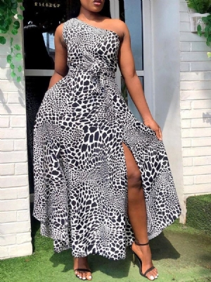 Vestido De Leopardo Feminino Com Gola Oblíqua Sem Mangas Com Cordões De Verão